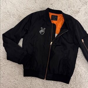 Love Tree West Coast Vibes Embroidered Black Satin Cargo Bomber Flight Jacket